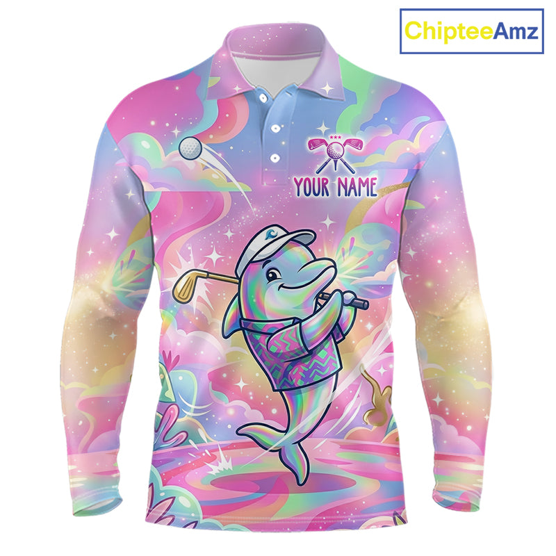 Funny Pastel Dolphin Mens Golf Polo Shirt Custom Ocean Golf Shirt, Polo Gift For Golf Lovers NHT897