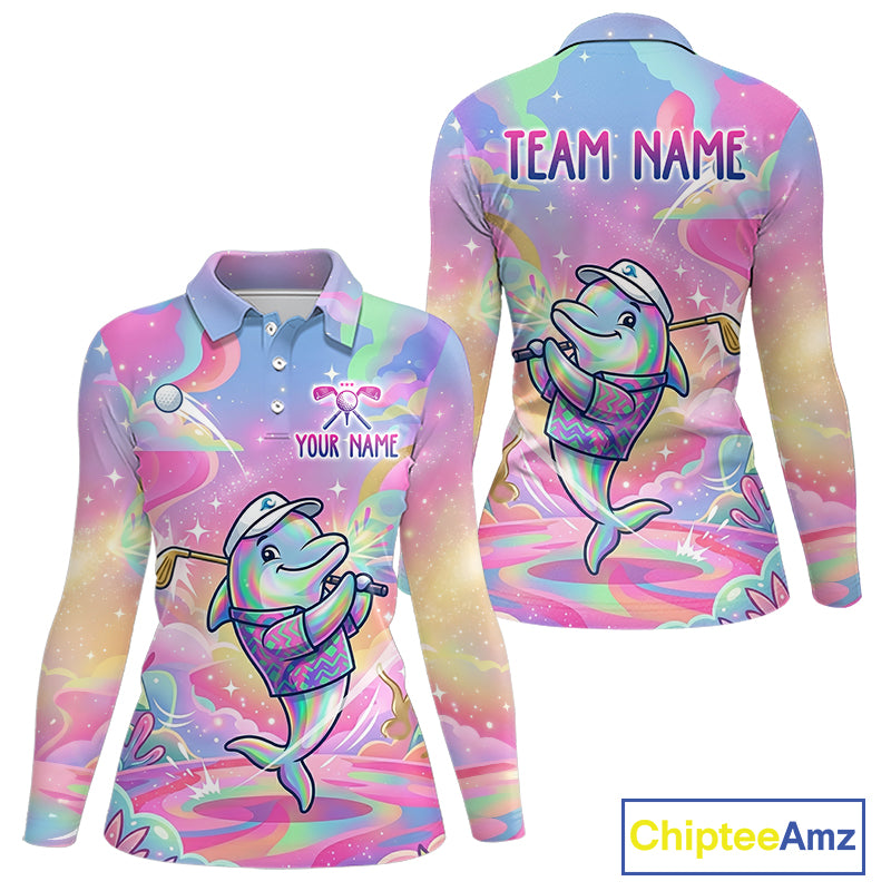 Funny Pastel Dolphin Womens Golf Polo Shirt Custom Ocean Golf Shirt, Polo Gift For Golf Lovers NHT897
