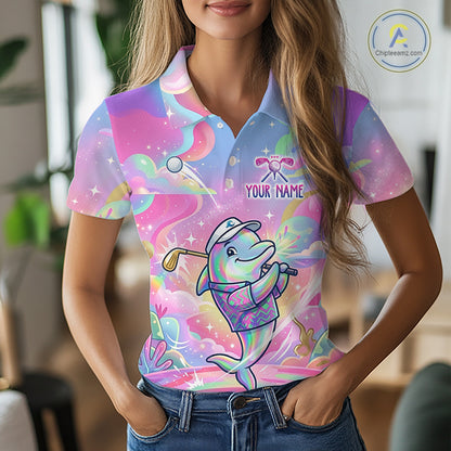 Funny Pastel Dolphin Womens Golf Polo Shirt Custom Ocean Golf Shirt, Polo Gift For Golf Lovers NHT897