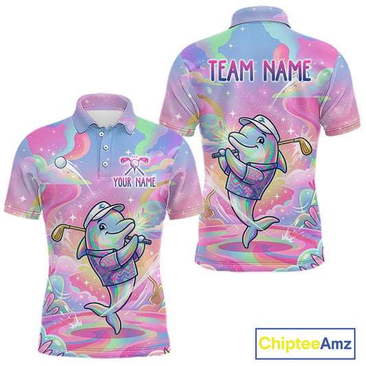 Funny Pastel Dolphin Mens Golf Polo Shirt Custom Ocean Golf Shirt, Polo Gift For Golf Lovers NHT897