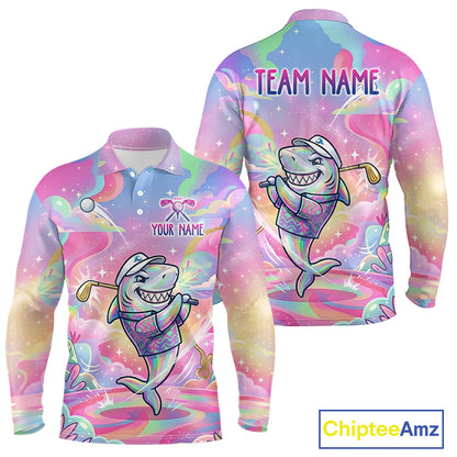 Funny Pastel Shark Mens Golf Polo Shirt Custom Ocean Golf Shirt, Polo Gift For Golf Lovers NHT898