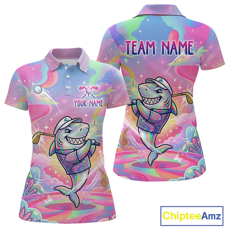 Funny Pastel Shark Womens Golf Polo Shirt Custom Ocean Golf Shirt, Polo Gift For Golf Lovers NHT898