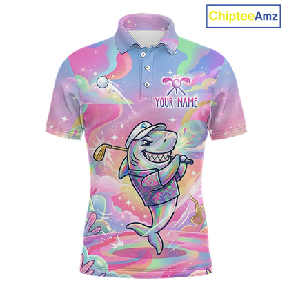 Funny Pastel Shark Mens Golf Polo Shirt Custom Ocean Golf Shirt, Polo Gift For Golf Lovers NHT898