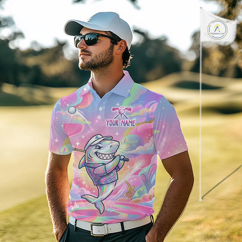 Funny Pastel Shark Mens Golf Polo Shirt Custom Ocean Golf Shirt, Polo Gift For Golf Lovers NHT898