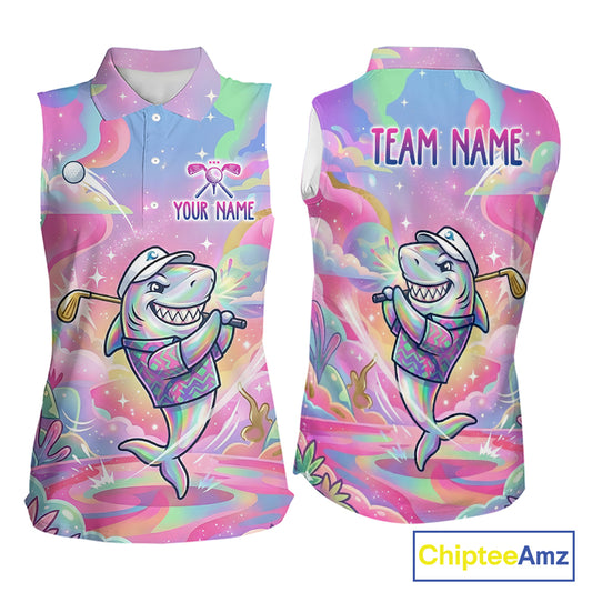 Funny Pastel Shark Womens Sleeveless Golf Polo Shirt Custom Ocean Golf Shirt, Polo Gift For Golf Lovers NHT898