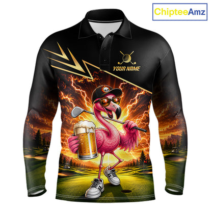 Funny Flamingo Mens Golf Polo Shirts Custom Golf And Beer Golf Apparel For Golfer NHT900