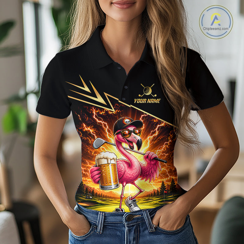 Funny Flamingo Womens Golf Polo Shirts Custom Golf And Beer Golf Apparel For Golfer NHT900