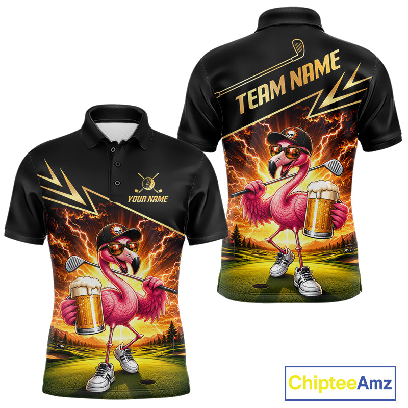 Funny Flamingo Mens Golf Polo Shirts Custom Golf And Beer Golf Apparel For Golfer NHT900