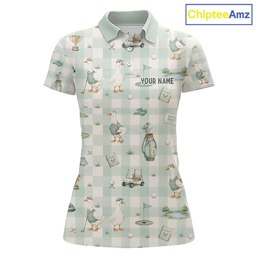 Personalized Goose Golf Polo Shirt Custom Name Team Shirt Green Plaid Womens Golf Lover Gift NHT1218