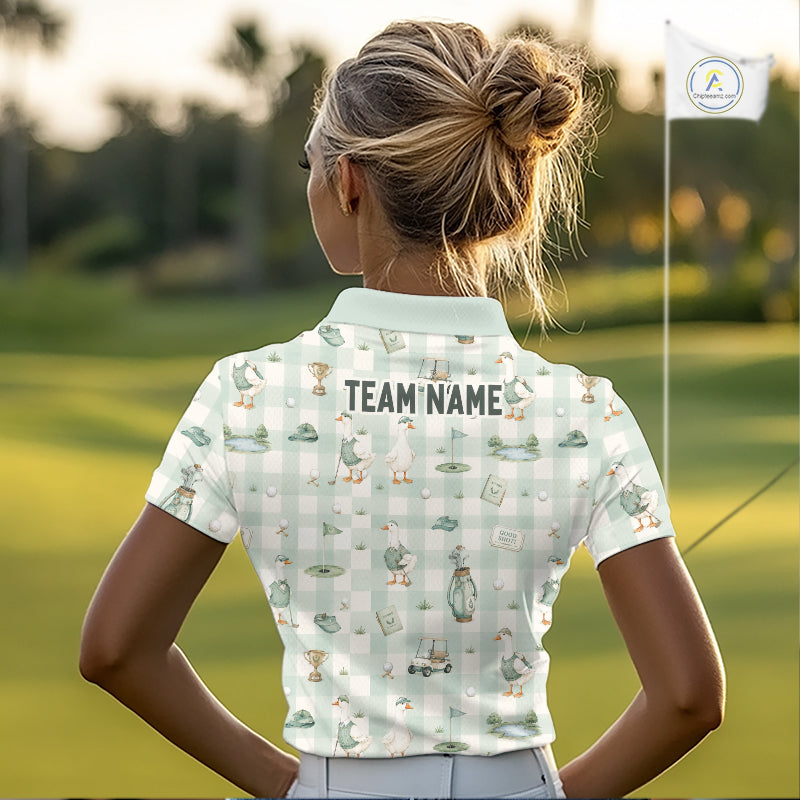 Personalized Goose Golf Polo Shirt Custom Name Team Shirt Green Plaid Womens Golf Lover Gift NHT1218