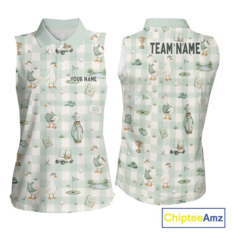 Personalized Goose Golf Polo Shirt Custom Name Team Shirt Green Plaid Womens Sleeveless Golf Lover Gift NHT1218