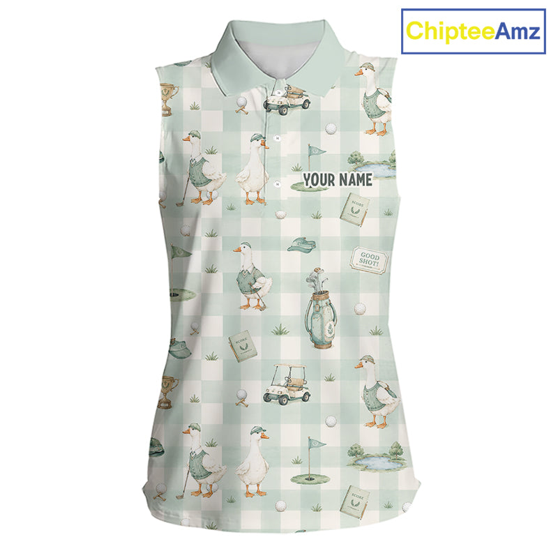 Personalized Goose Golf Polo Shirt Custom Name Team Shirt Green Plaid Womens Sleeveless Golf Lover Gift NHT1218
