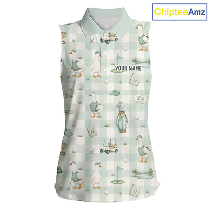 Personalized Goose Golf Polo Shirt Custom Name Team Shirt Green Plaid Womens Sleeveless Golf Lover Gift NHT1218