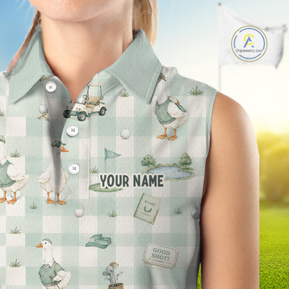 Personalized Goose Golf Polo Shirt Custom Name Team Shirt Green Plaid Womens Sleeveless Golf Lover Gift NHT1218