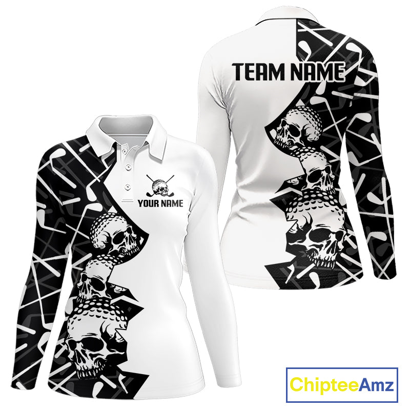 Custom Skull Womens Golf Polo Shirt Personalized Name, Golf Team Polo Jersey| Black 