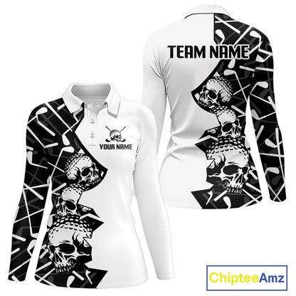 Custom Skull Womens Golf Polo Shirt Personalized Name, Golf Team Polo Jersey| Black 