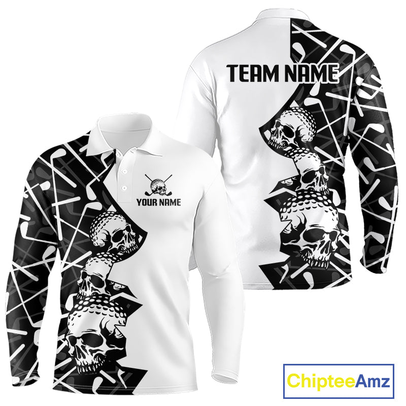 Custom Skull Mens Golf Polo Shirt Personalized Name, Golf Team Polo Jersey| Black 
