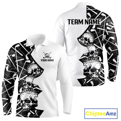 Custom Skull Mens Golf Polo Shirt Personalized Name, Golf Team Polo Jersey| Black 