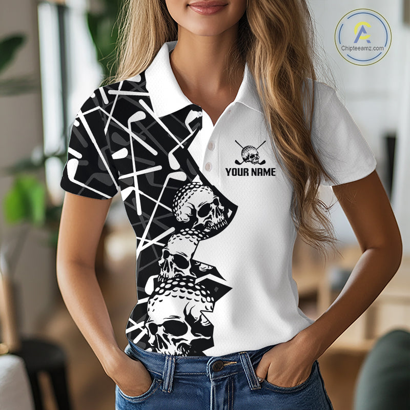 Custom Skull Womens Golf Polo Shirt Personalized Name, Golf Team Polo Jersey| Black 