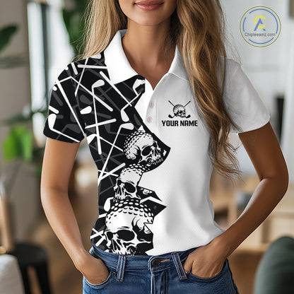Custom Skull Womens Golf Polo Shirt Personalized Name, Golf Team Polo Jersey| Black 