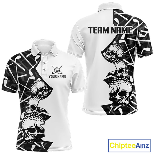Custom Skull Mens Golf Polo Shirt Personalized Name, Golf Team Polo Jersey| Black