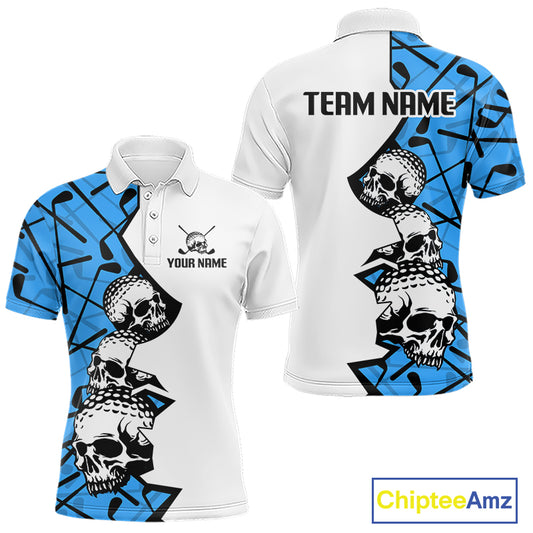 Custom Skull Mens Golf Polo Shirt Personalized Name, Golf Team Polo Jersey| Blue