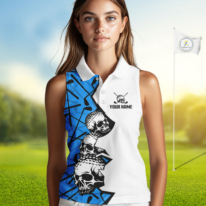 Custom Skull Womens Sleeveless Golf Polo Shirt Personalized Name, Golf Team Polo Jersey| Blue 