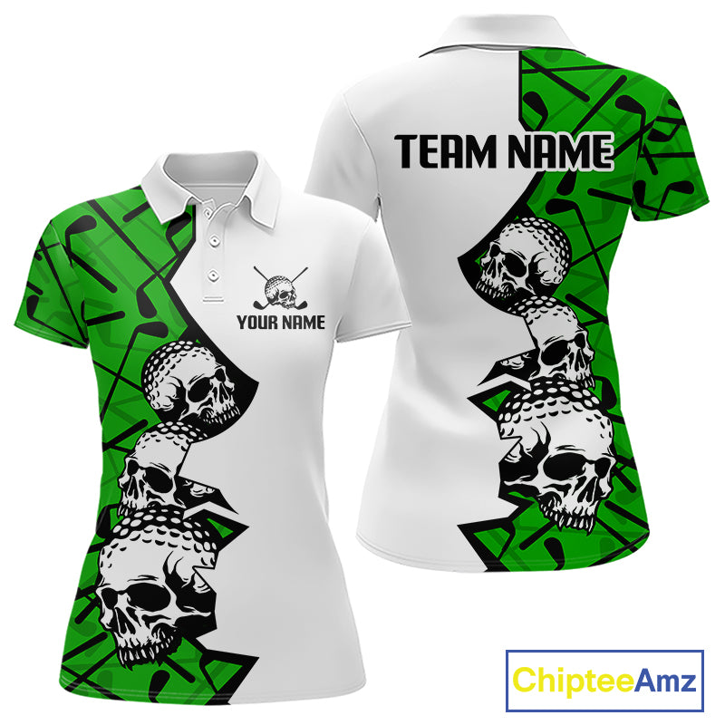 Custom Skull Womens Golf Polo Shirt Personalized Name, Golf Team Polo Jersey| Green 
