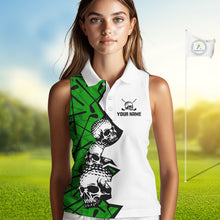 Load image into Gallery viewer, Custom Skull Womens Sleeveless Golf Polo Shirt Personalized Name, Golf Team Polo Jersey| Green 