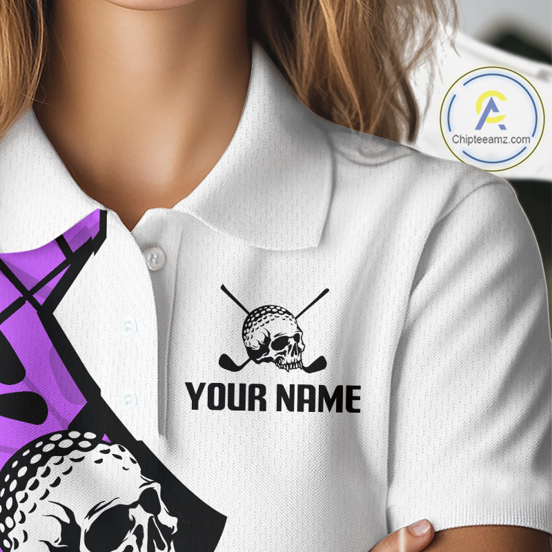 Custom Skull Womens Golf Polo Shirt Personalized Name, Golf Team Polo Jersey| Purple 