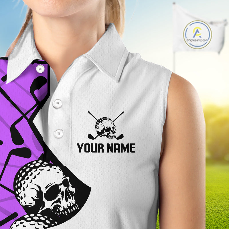 Custom Skull Womens Sleeveless Golf Polo Shirt Personalized Name, Golf Team Polo Jersey| Purple 