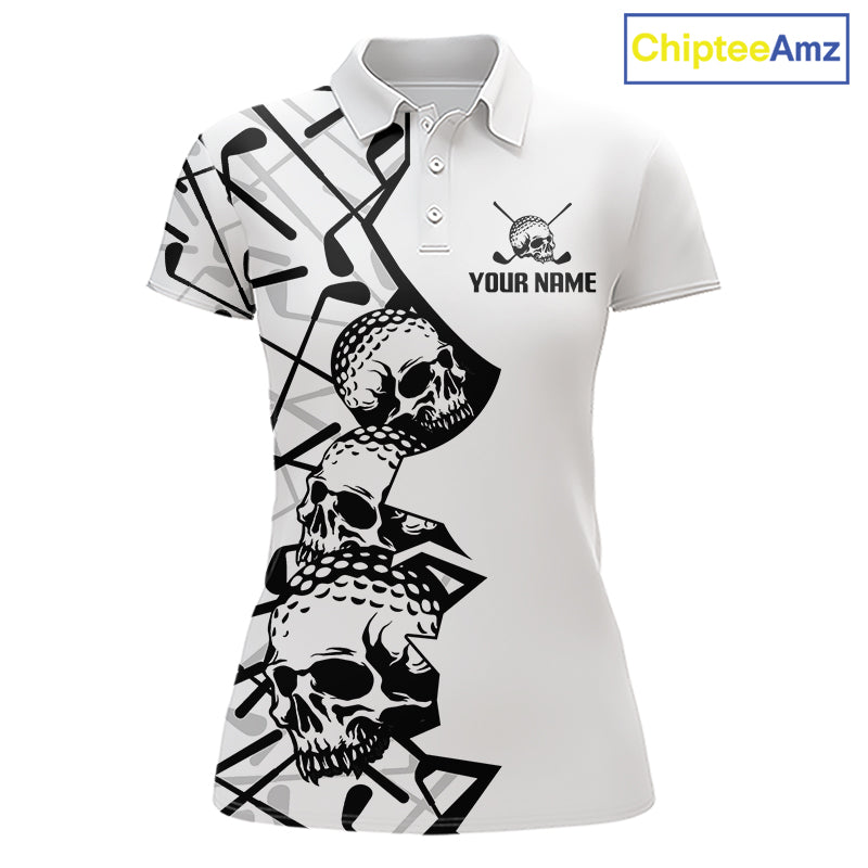 Custom Skull Womens Golf Polo Shirt Personalized Name, Golf Team Polo Jersey| White 