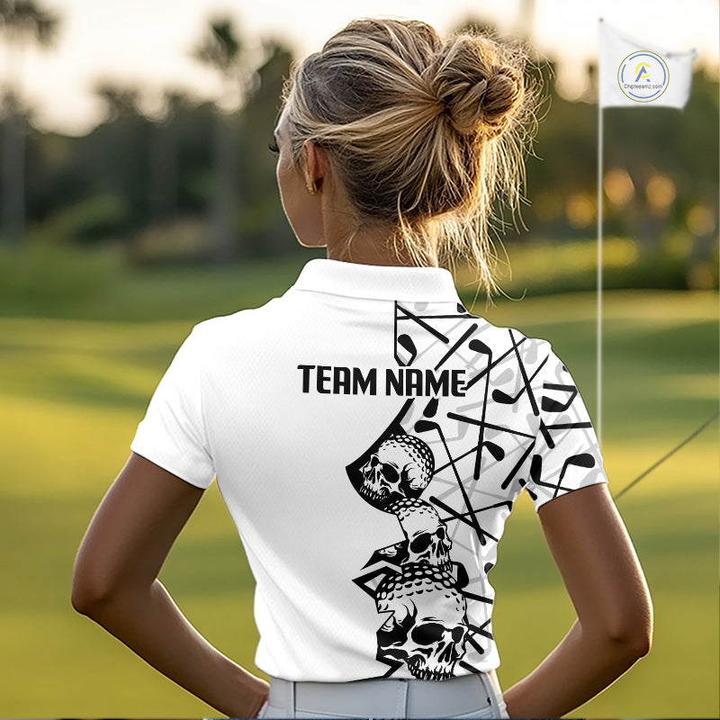 Custom Skull Womens Golf Polo Shirt Personalized Name, Golf Team Polo Jersey| White 
