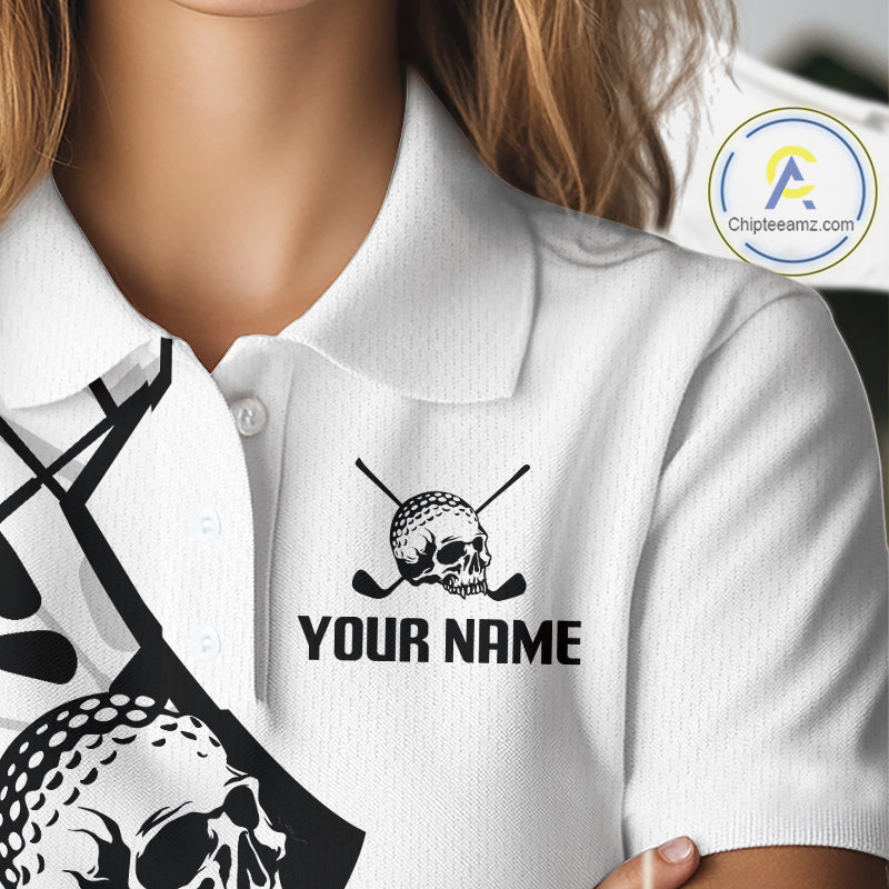Custom Skull Womens Golf Polo Shirt Personalized Name, Golf Team Polo Jersey| White 