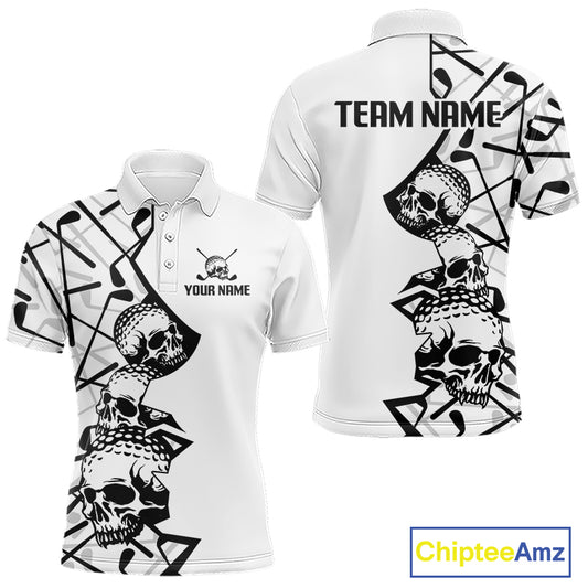 Custom Skull Mens Golf Polo Shirt Personalized Name, Golf Team Polo Jersey| White