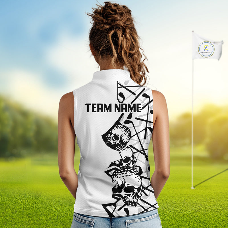 Custom Skull Womens Sleeveless Golf Polo Shirt Personalized Name, Golf Team Polo Jersey| White 