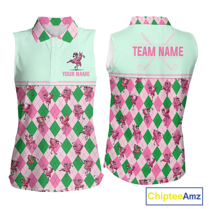 Personalized Pink Argyle Womens Sleeveless Golf Polo Custom Name Flamingo Mint Green Preppy Team Outfits NHT1227