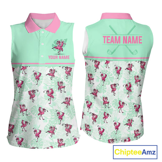 Front and back views of a sleeveless women's polo shirt with a tropical flamingo print. The top portion is solid mint green with a pink collar, while the lower portion features a repeating pattern of pink flamingos and white palm leaves.
