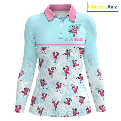 Custom Flamingo Womens Golf Polo Shirt Personalized Name & Team Outfits Light Blue Pink Preppy Golf Shirt NHT1229