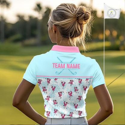Custom Flamingo Womens Golf Polo Shirt Personalized Name & Team Outfits Light Blue Pink Preppy Golf Shirt NHT1229
