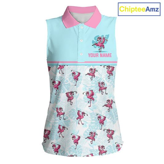Custom Flamingo Womens Sleeveless Golf Polo Shirt Personalized Name Outfits Light Blue Pink Preppy Golf Shirt NHT1229