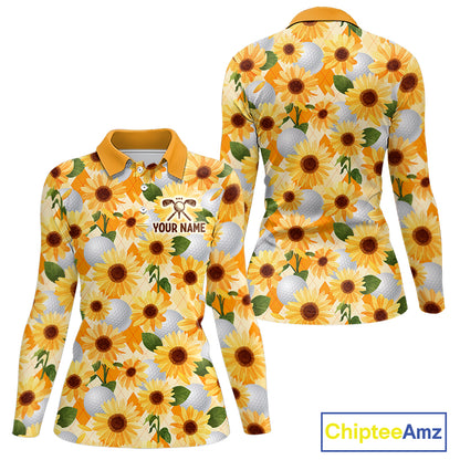 Personalized Sunflower Womens Golf Polo Shirt Custom Name Floral Golf Polo For Women 