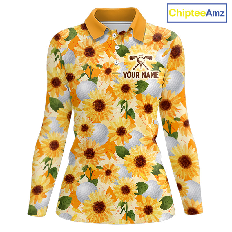 Personalized Sunflower Womens Golf Polo Shirt Custom Name Floral Golf Polo For Women 