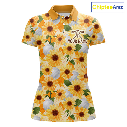 Personalized Sunflower Womens Golf Polo Shirt Custom Name Floral Golf Polo For Women 