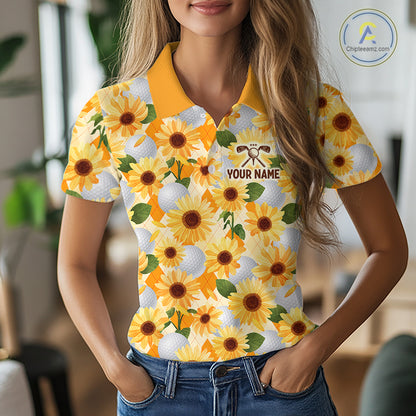 Personalized Sunflower Womens Golf Polo Shirt Custom Name Floral Golf Polo For Women 