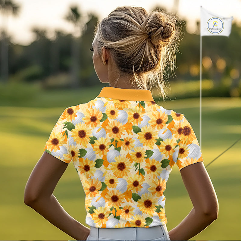 Personalized Sunflower Womens Golf Polo Shirt Custom Name Floral Golf Polo For Women 