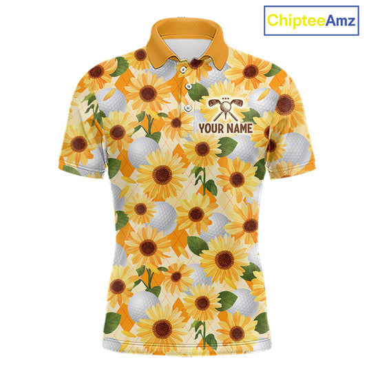 Personalized Sunflower Mens Golf Polo Shirt Custom Name Floral Golf Polo For Men 