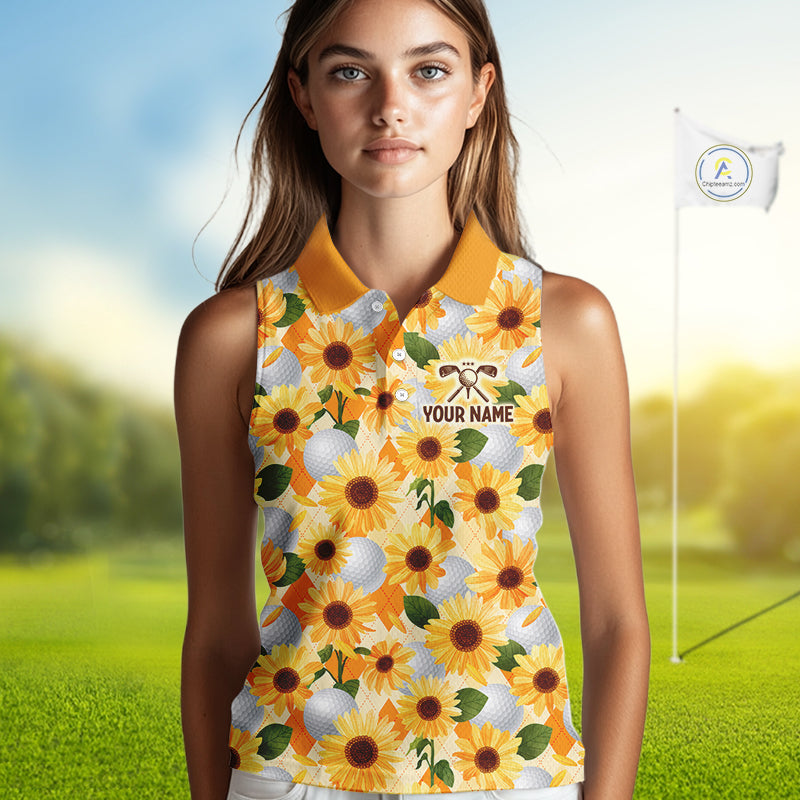 Personalized Sunflower Womens Sleeveless Golf Polo Shirt Custom Name Floral Golf Polo For Women 