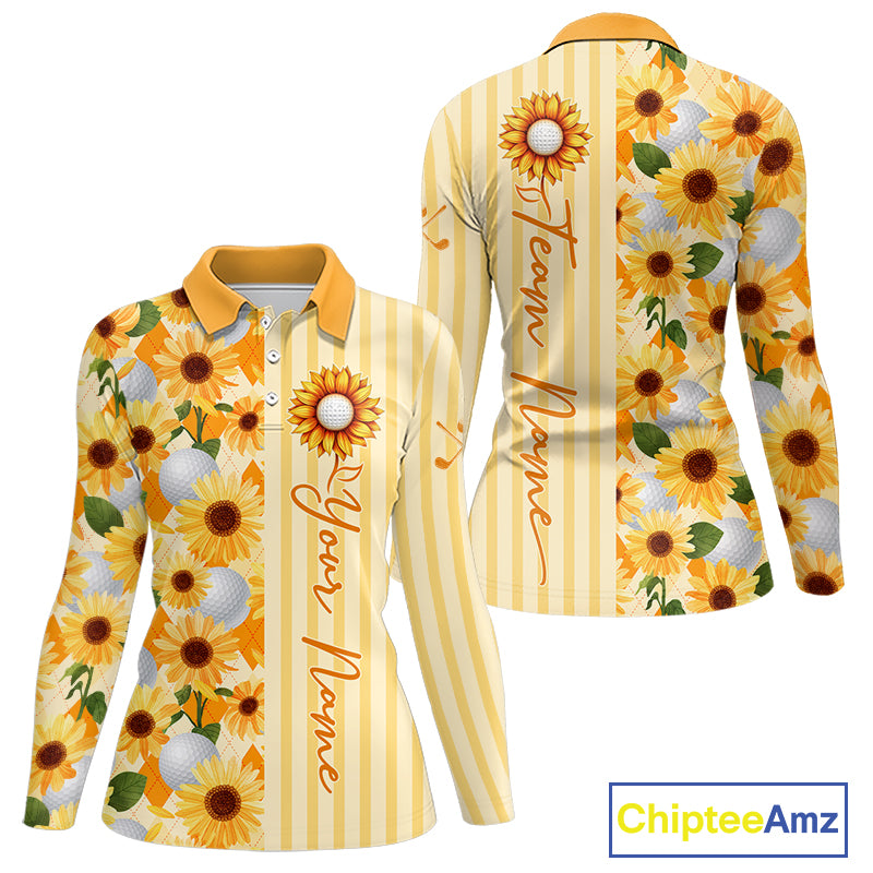 Personalized Sunflower Womens Golf Polo Shirt Custom Name Golf Ball Floral Polo Shirt 