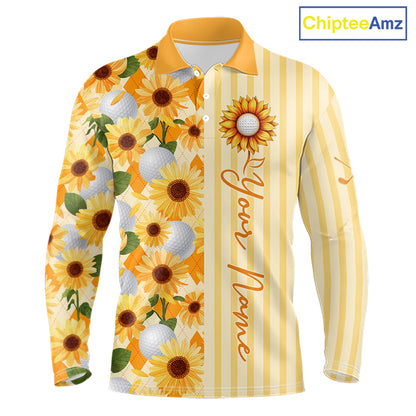 Personalized Sunflower Mens Golf Polo Shirt Custom Name Golf Ball Floral Polo Shirt 